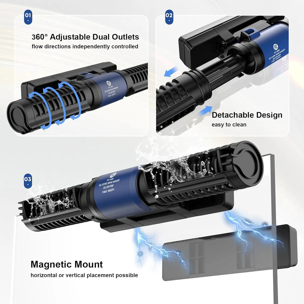 Aquarium Wave Maker with LED Display, Adjustable Cross Flow, Quiet Magnetic Mount for Saltwater & Freshwater Tanks (1600 GPH)