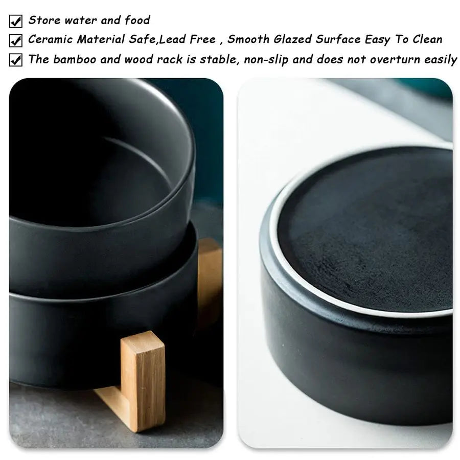 Black Ceramic Cat/Dog Bowl Set with Wood Stand for Pet Food and Water, Non-Slip