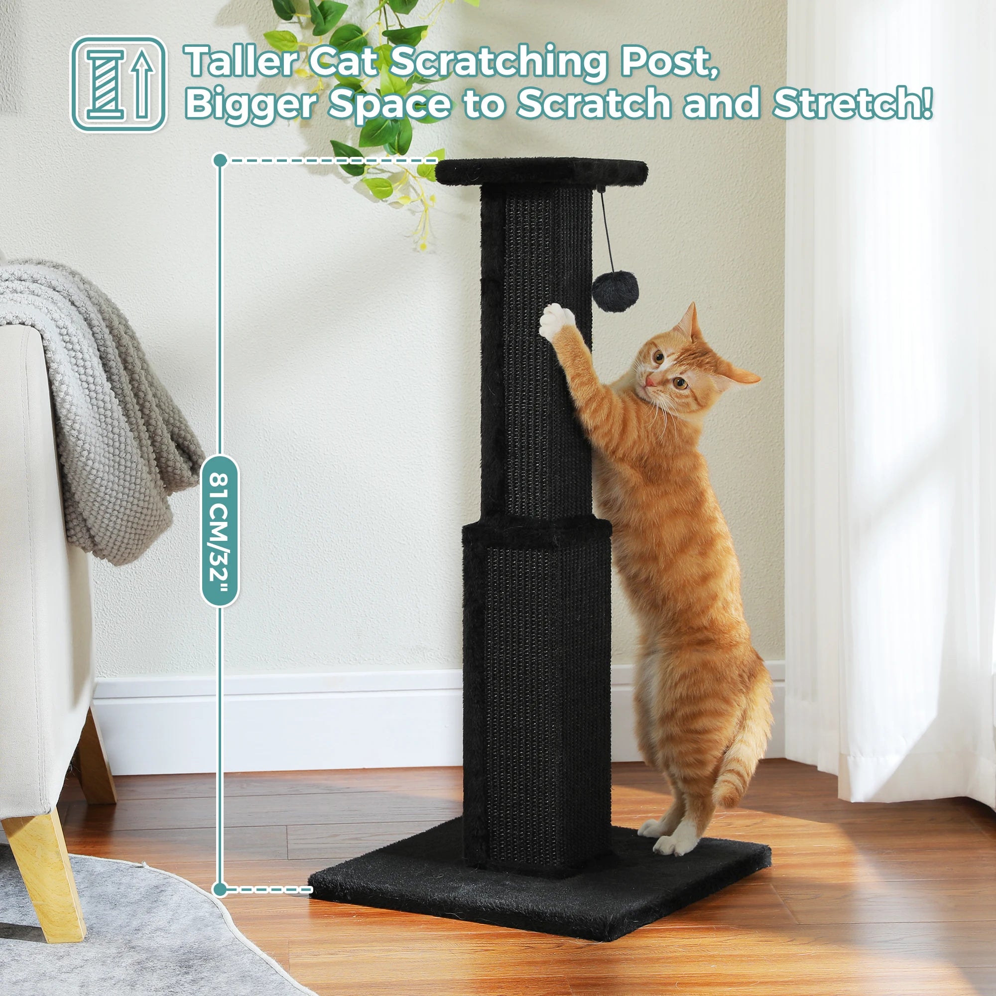 Large Cat Scratching Post for Indoor Cats with Woven Sisal Dangling Ball
