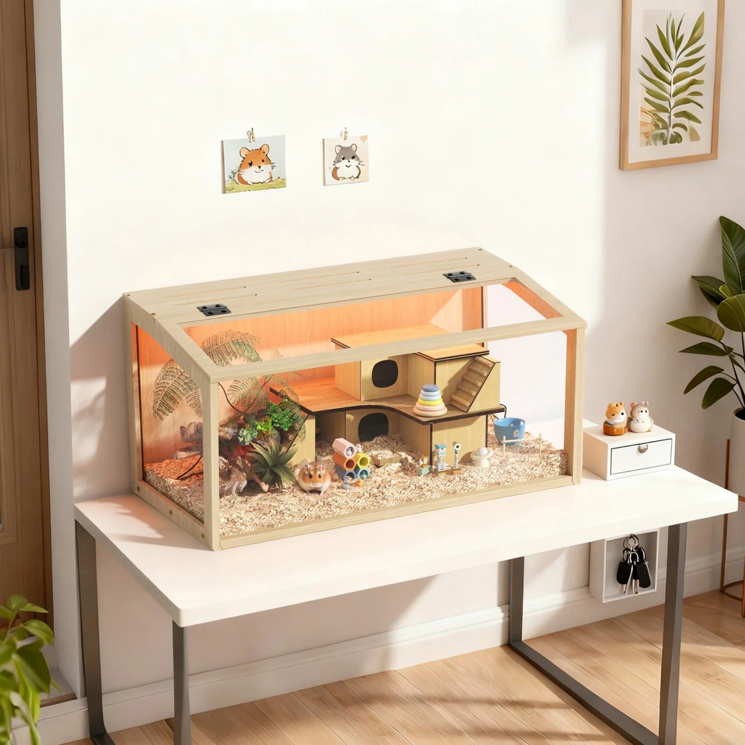 Hamster/Guinea Pig Cage Chewproof Tempered Glass Panels Built-in LED Light