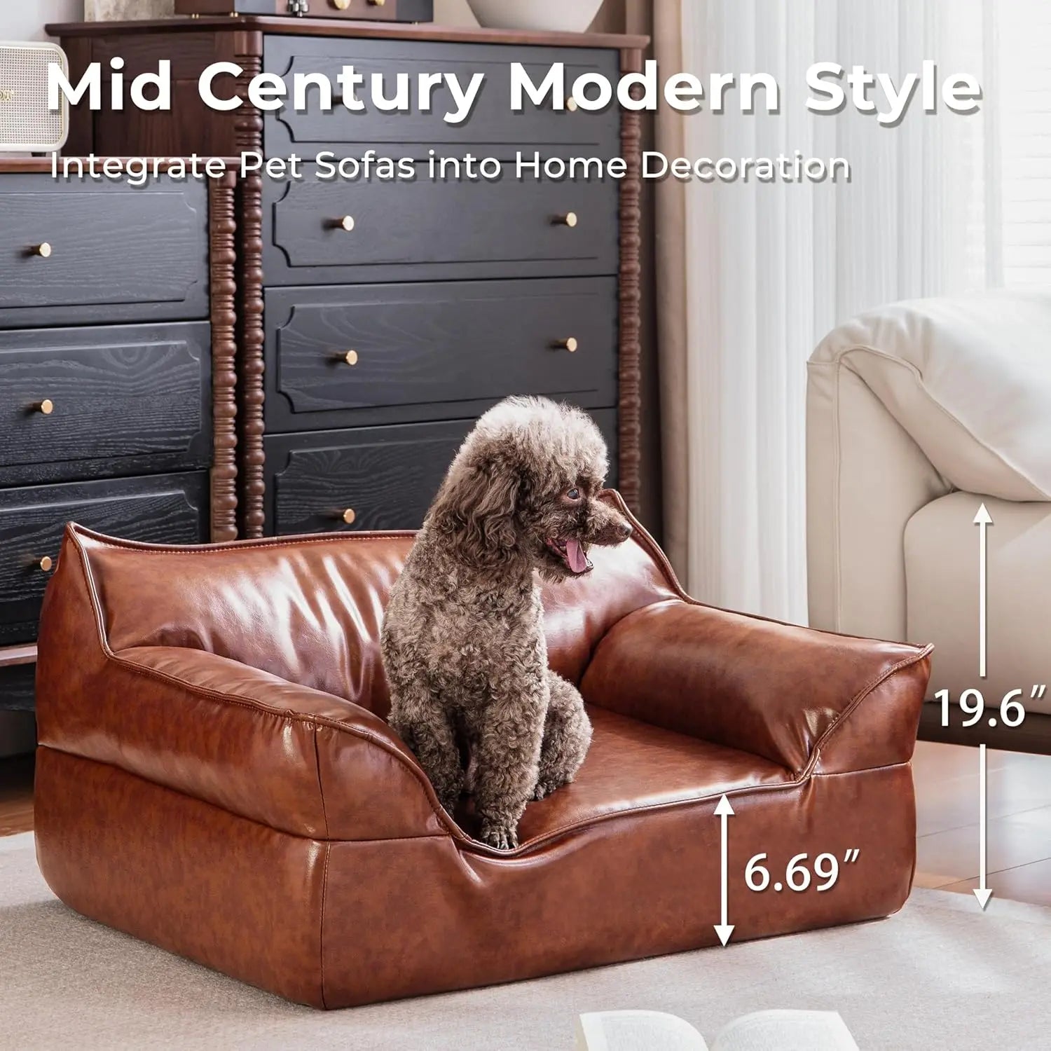 Leather Dog Bed Couch for Small to Medium Dogs, Brown Elevated Pet Sofa Bed