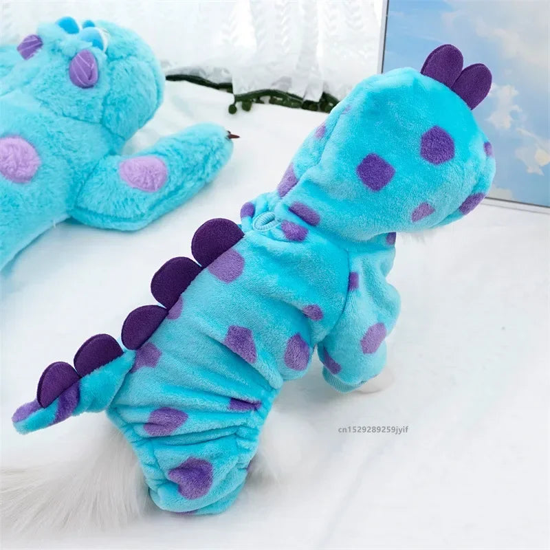 Pet Clothing Dog Cat Autumn and Winter Thickened Warm Blue Dinosaur Hooded Coat