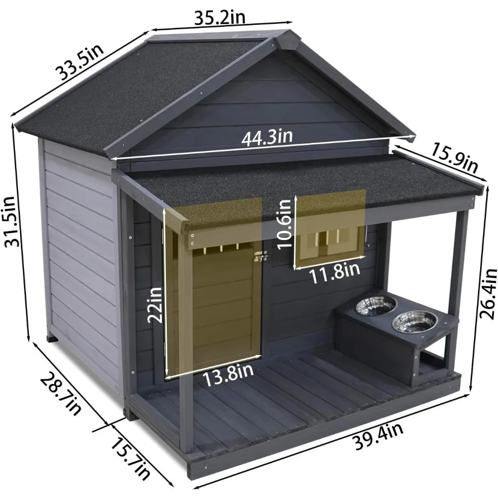 Dog House with Porch And with Dog Bowl, Door, Window, Removable Base Plate, Weatherproof Dog Kennel