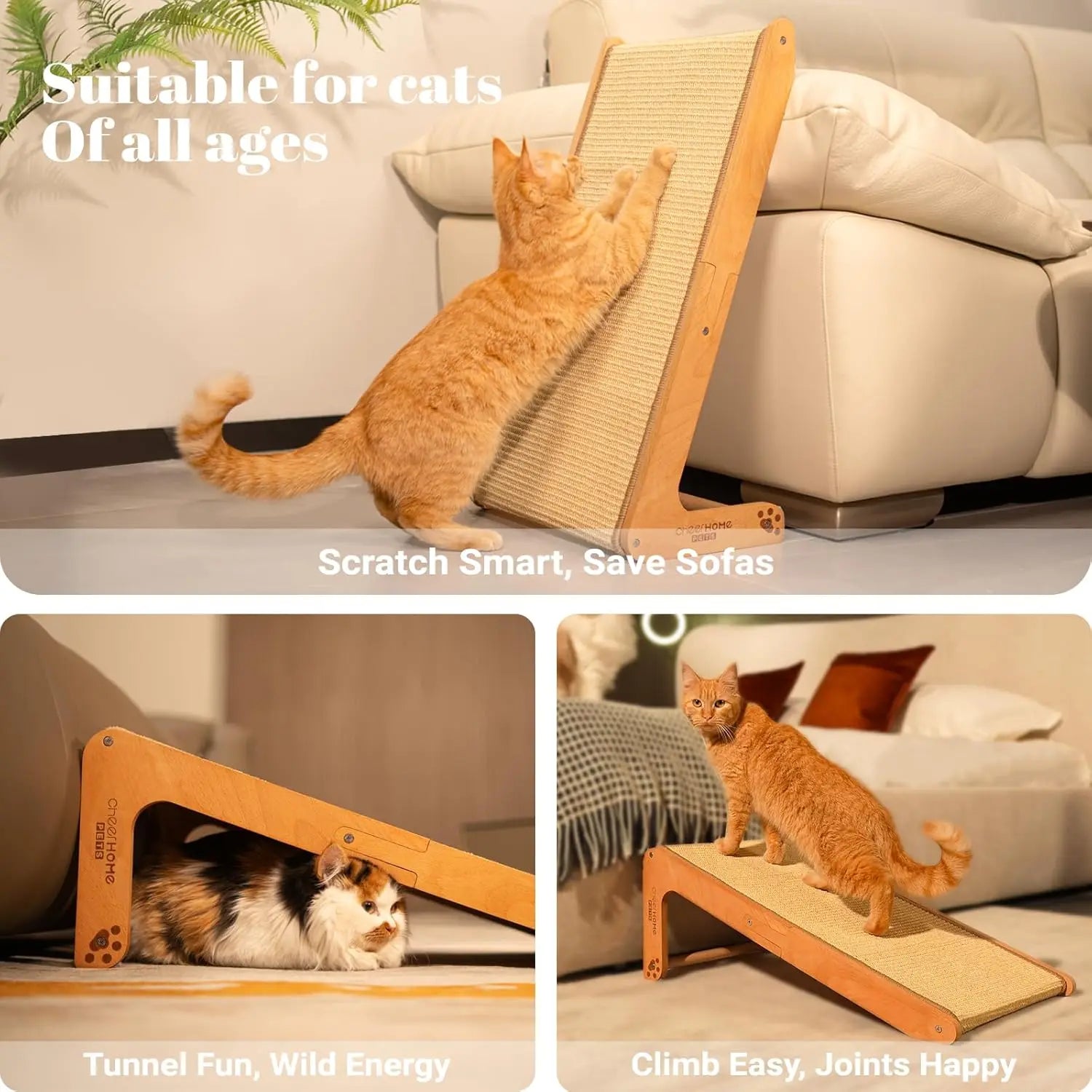 Sisal Cat Scratcher Ramp for Indoor Cats Vertical Cat Scratch Pad, Solid Wood Base
