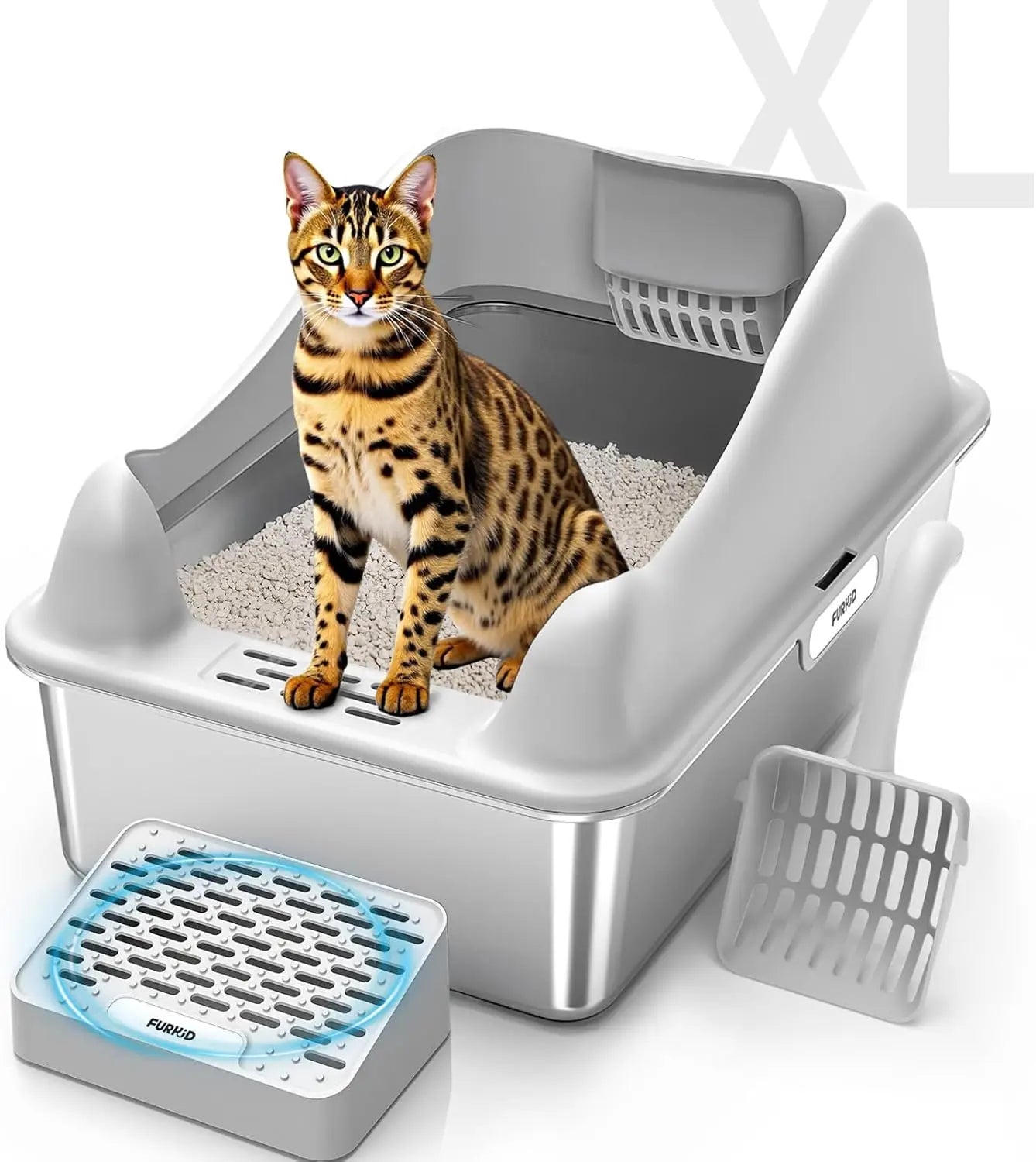 XL Stainless Steel Cat Litter Box with Lid, High-Sided Pan for Big Cats, Anti-Leak & Easy Clean