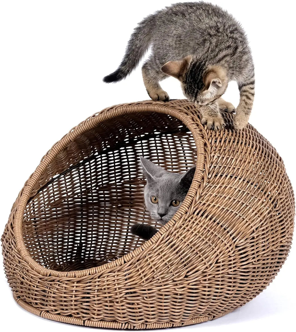 Wicker Cat Bed Dome for Medium Indoor Cats - Covered Hideaway Hut with Washable Cushion