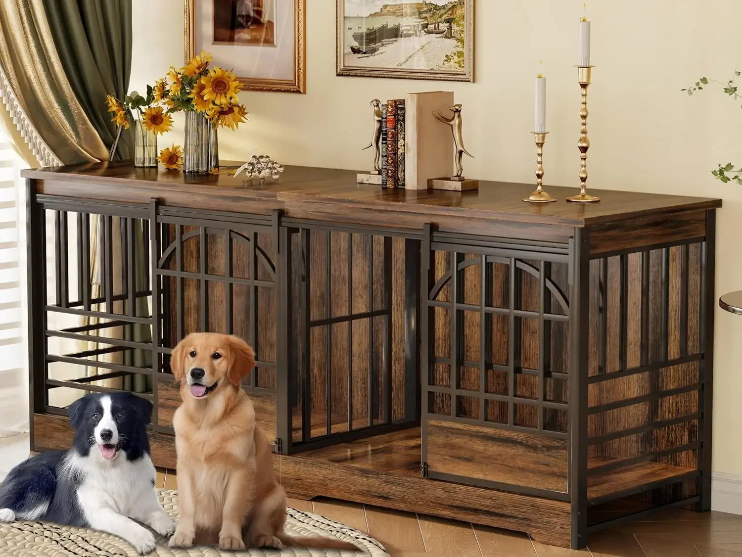 Double Dog Crate Furniture, Extra Large Dog Kennel Indoor with Divider