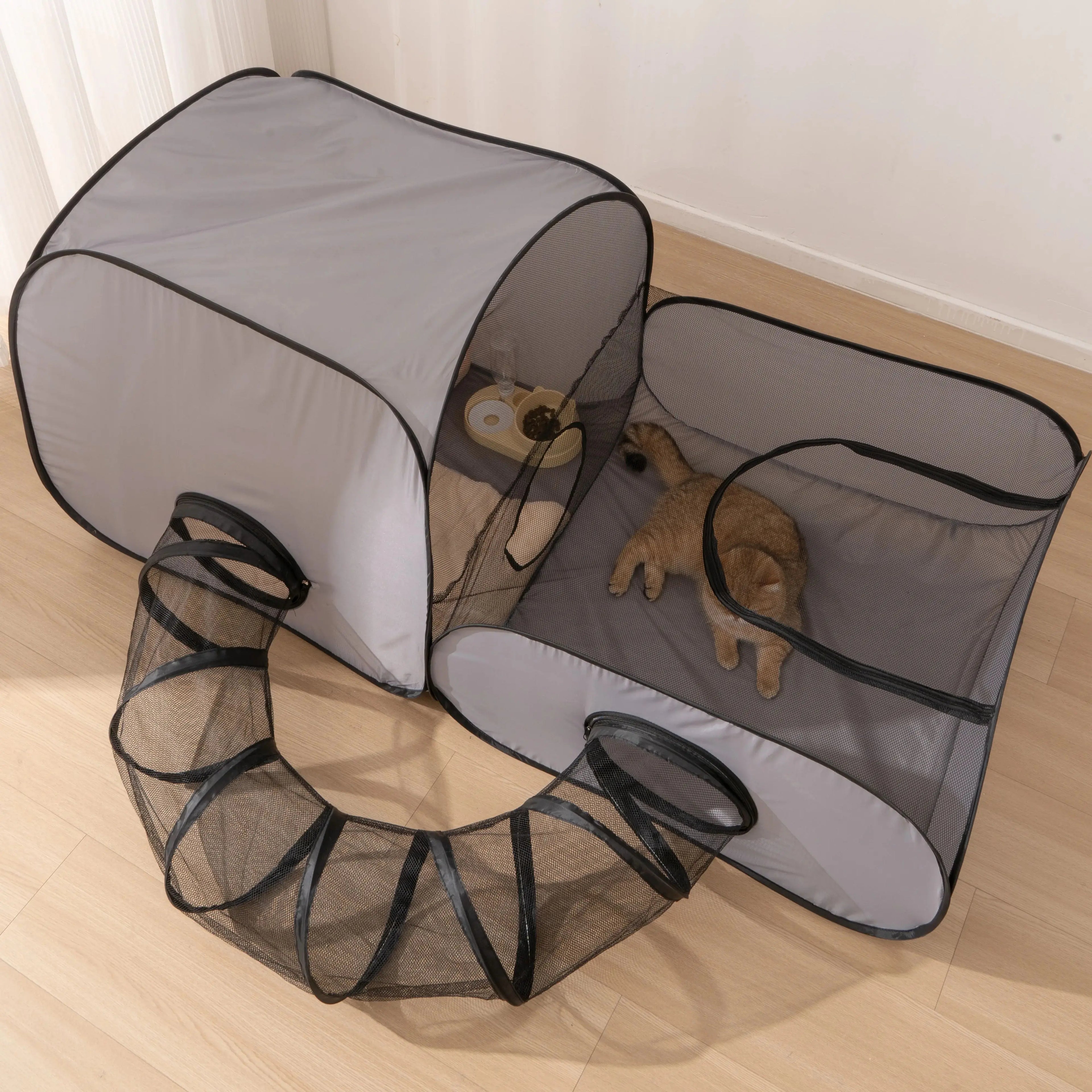 Square Gray Cats and Dogs Delivery Room Hard Oxford Cloth with a Play Tunnel