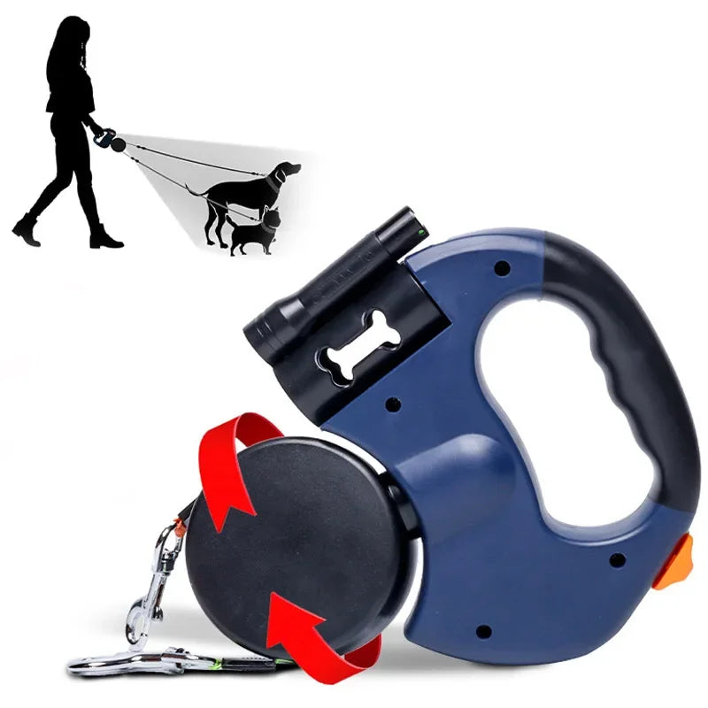 3in1 Double Head Automatic retractable Dog leash, Flashlight, Poop Bag Dispenser, Reflective