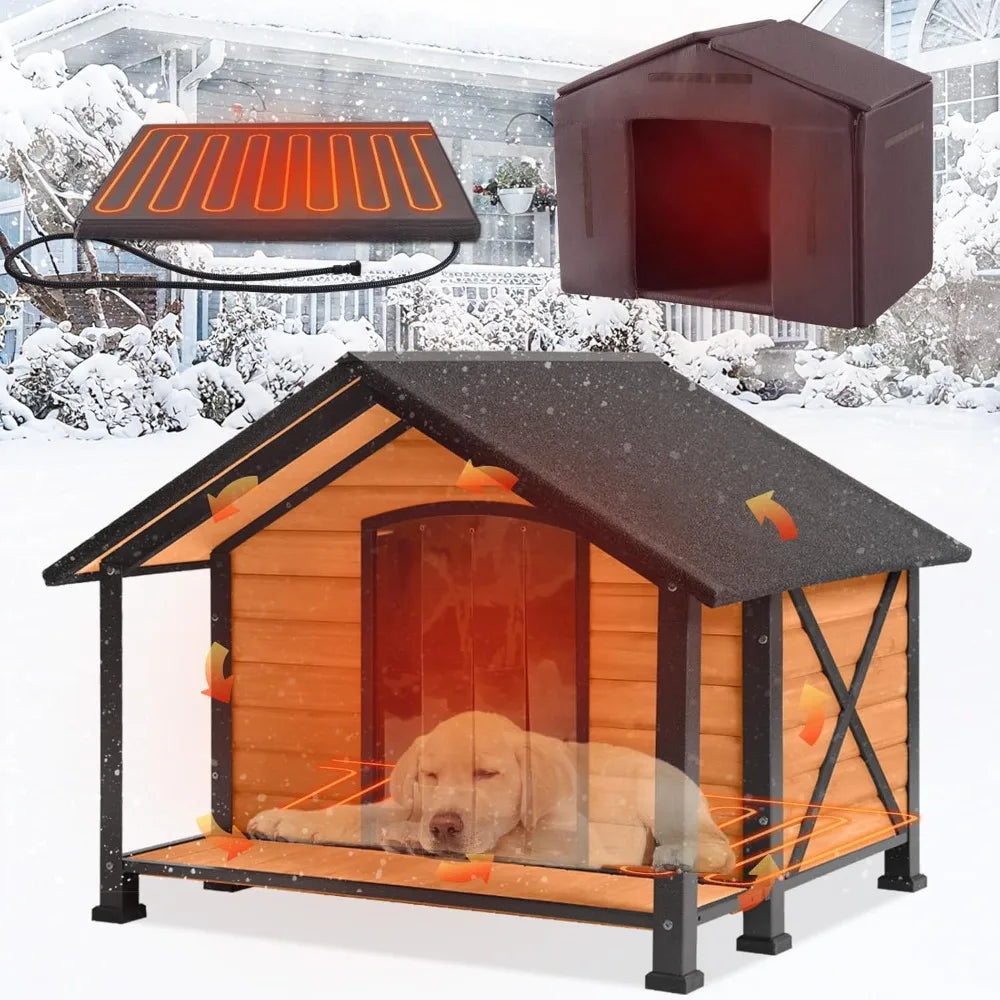 Heated Outdoor Dog House Insulated, Weatherproof Wooden Dog Kennel for Winter with Heating Pad and Insulation