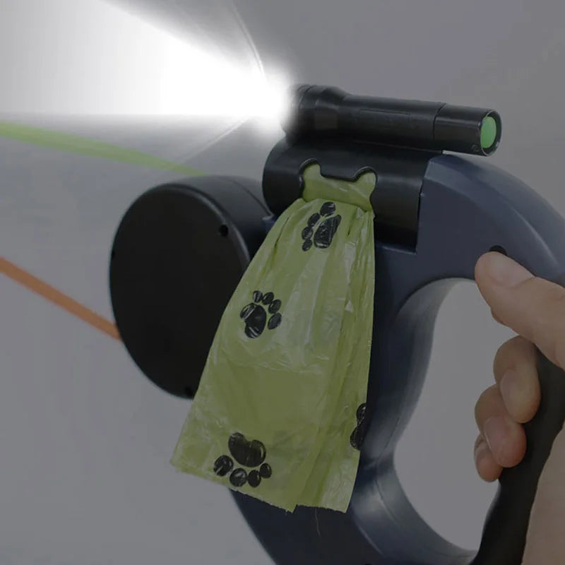 3in1 Double Head Automatic retractable Dog leash, Flashlight, Poop Bag Dispenser, Reflective