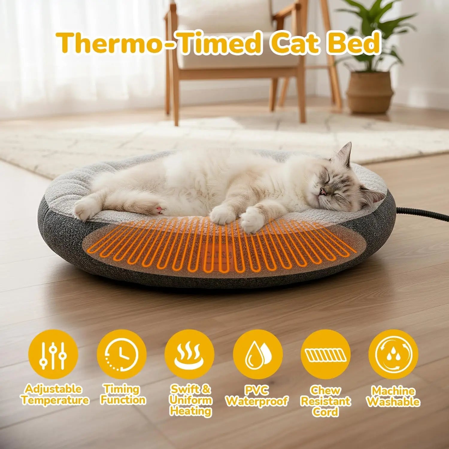 Heated Cat Bed Indoor - Self Warming Donut Cave with Timer & Adjustable Temperature