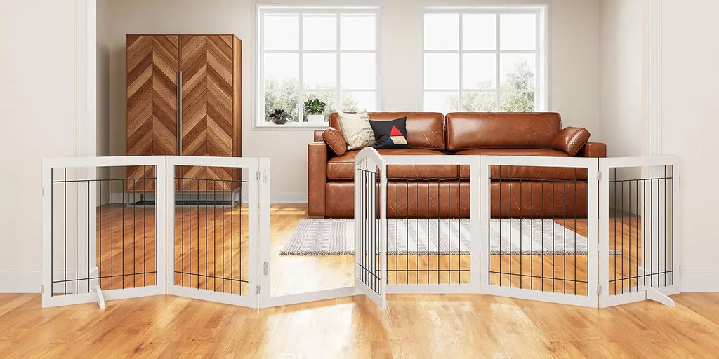 Extra Wide 144-inch Freestanding Pet Gate with Door, 6 Panels for Dogs and Puppies