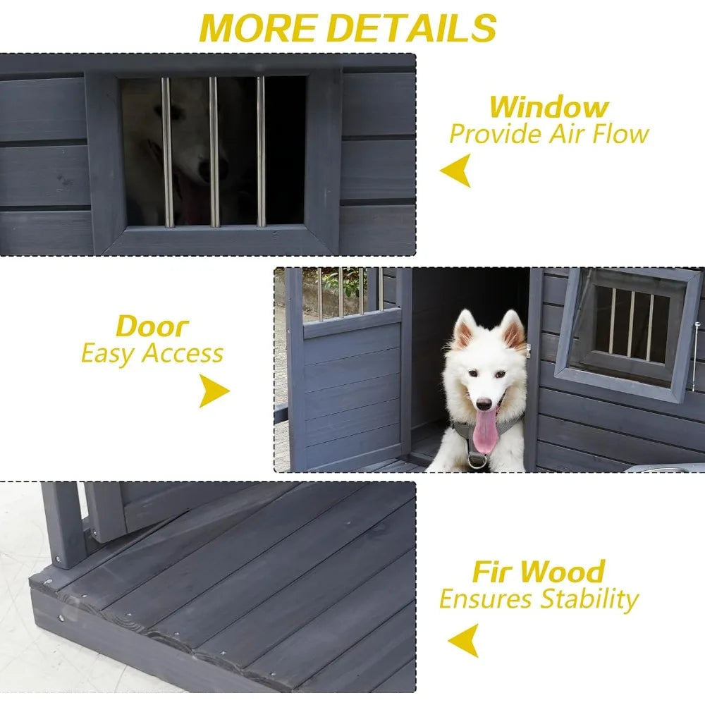 Dog House with Porch And with Dog Bowl, Door, Window, Removable Base Plate, Weatherproof Dog Kennel