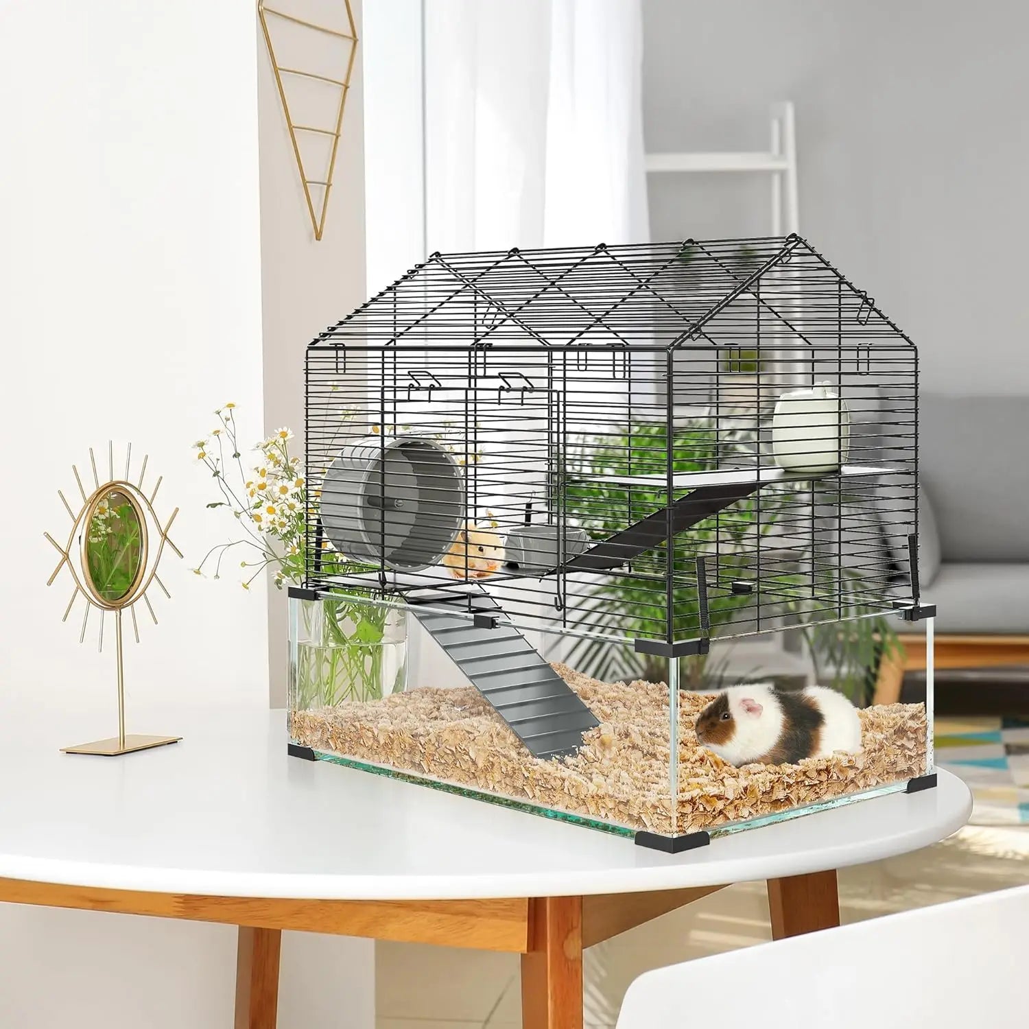Metal Hamster Cage, Transparent Small Animal Cage Habitats with Water Bottle