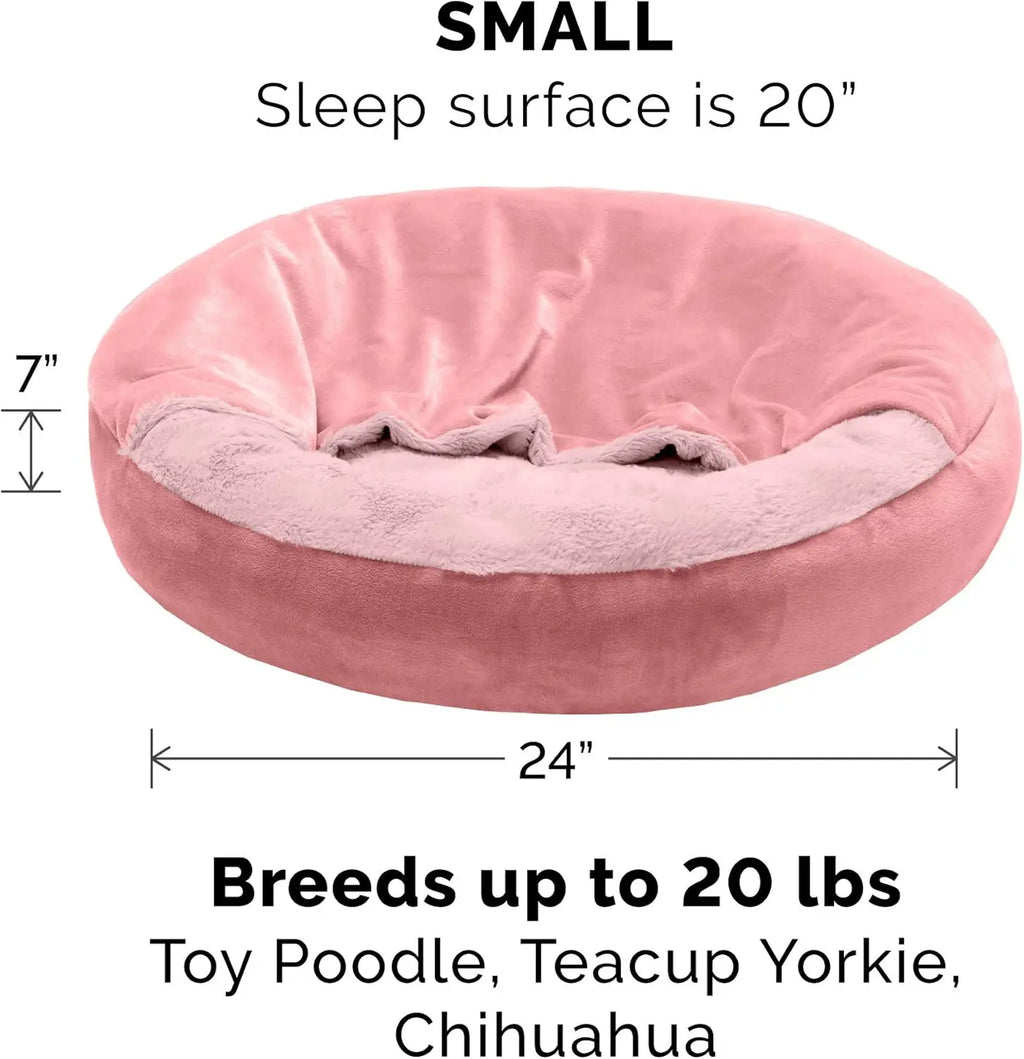 Cozy 24" Round Hooded Pet Bed for Small Dogs & Cats, Washable Plush Velvet in Rose Pink