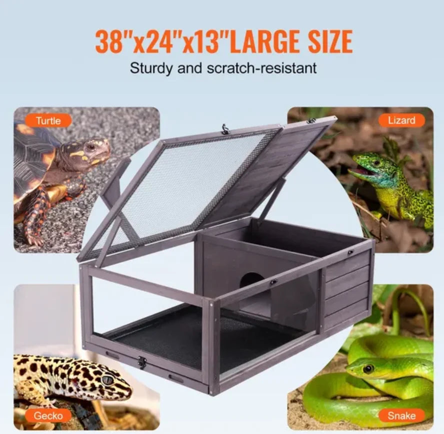 VEVOR Tortoise Habitat Wooden Tortoise House Indoor & Outdoor 2-Room 38x24x13in