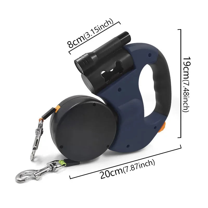 3in1 Double Head Automatic retractable Dog leash, Flashlight, Poop Bag Dispenser, Reflective