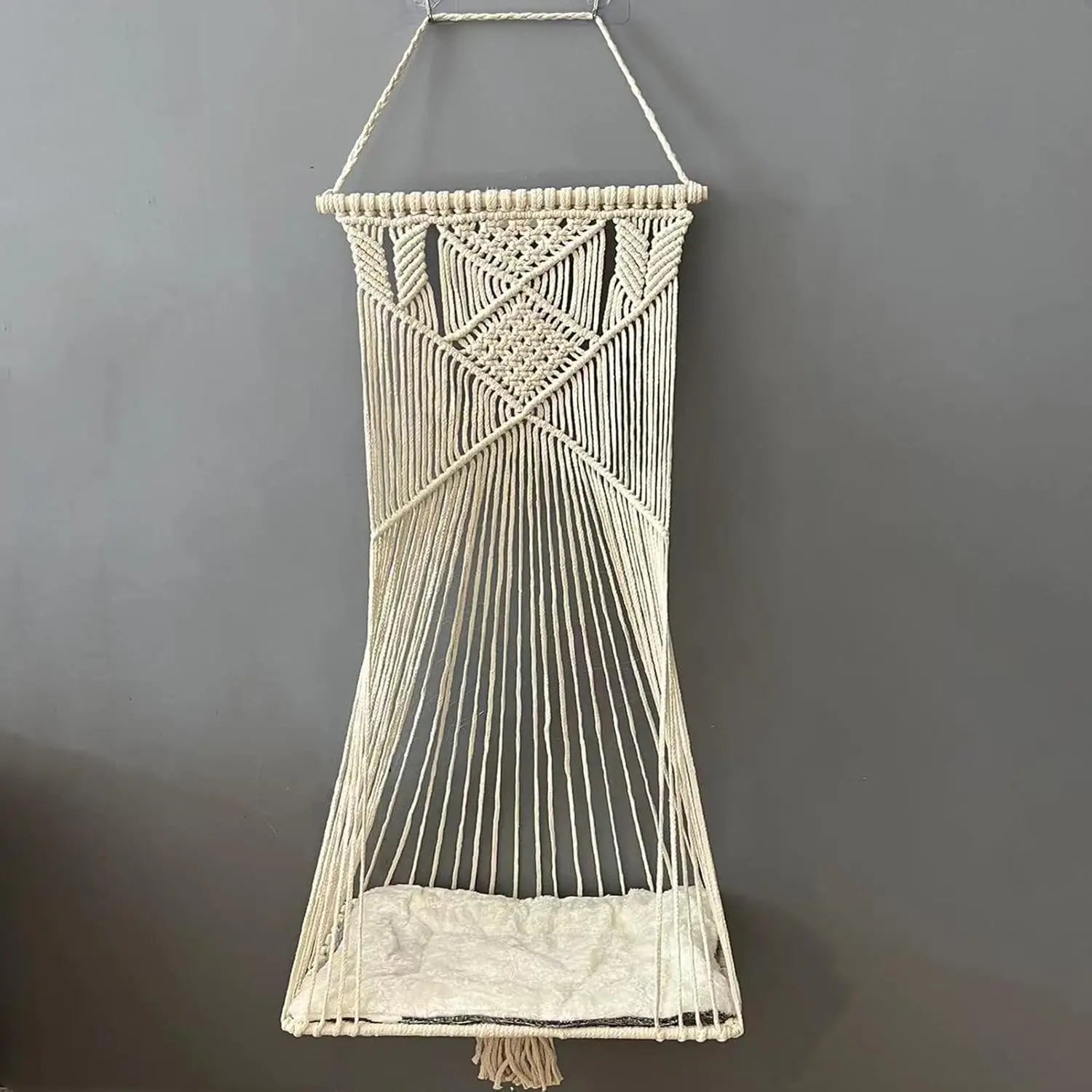 Macrame Hanging Cat Hammock Space Saving Window Perch with Washed Cotton