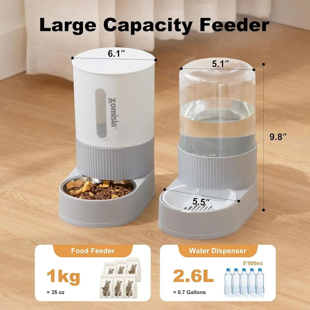 Gravity Cat Feeder and Water Dispenser - Automatic With Stainless Steel Bowl, (2 )