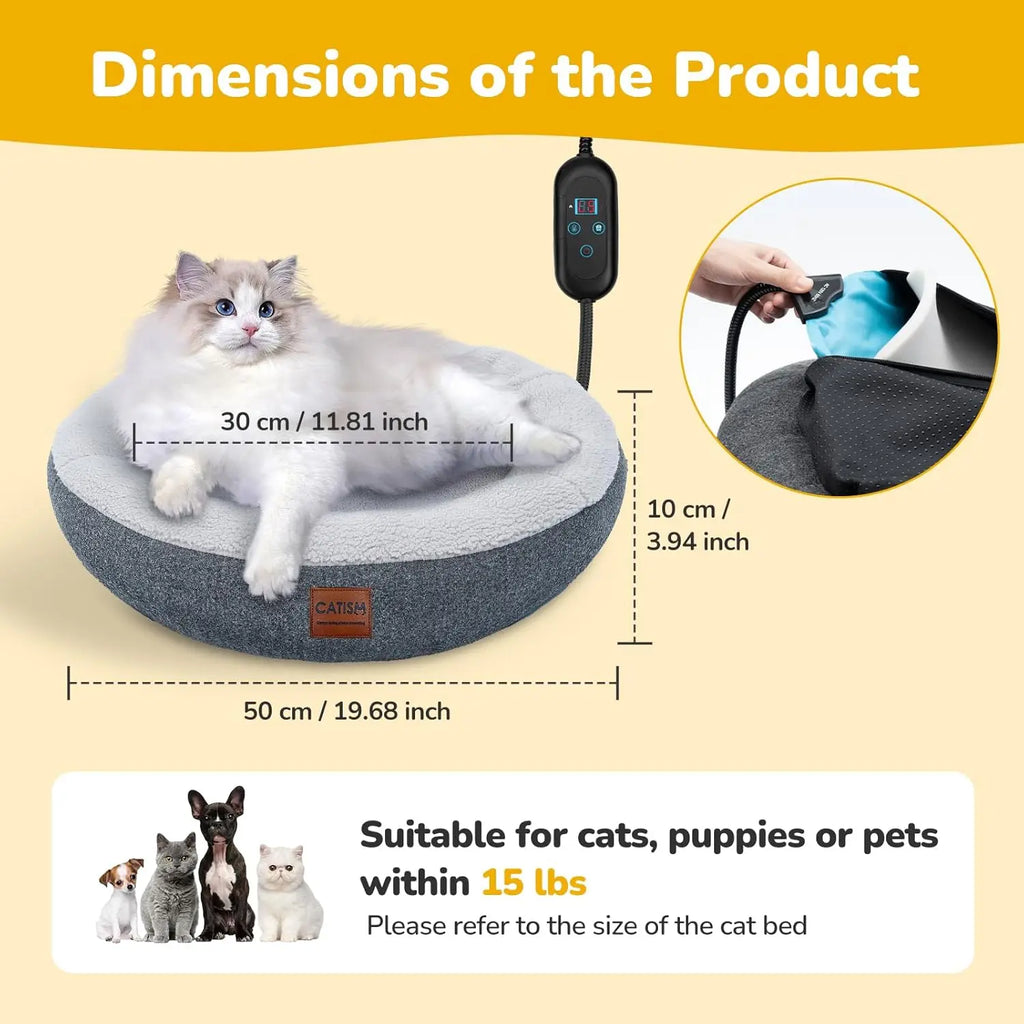 Heated Cat Bed Indoor - Self Warming Donut Cave with Timer & Adjustable Temperature