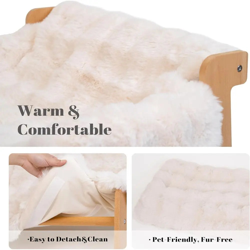 Wooden Cat Sofa with Removable Washable Fluffy Cover, Raised Kitty Lounge Chair Also Suitable for Puppy