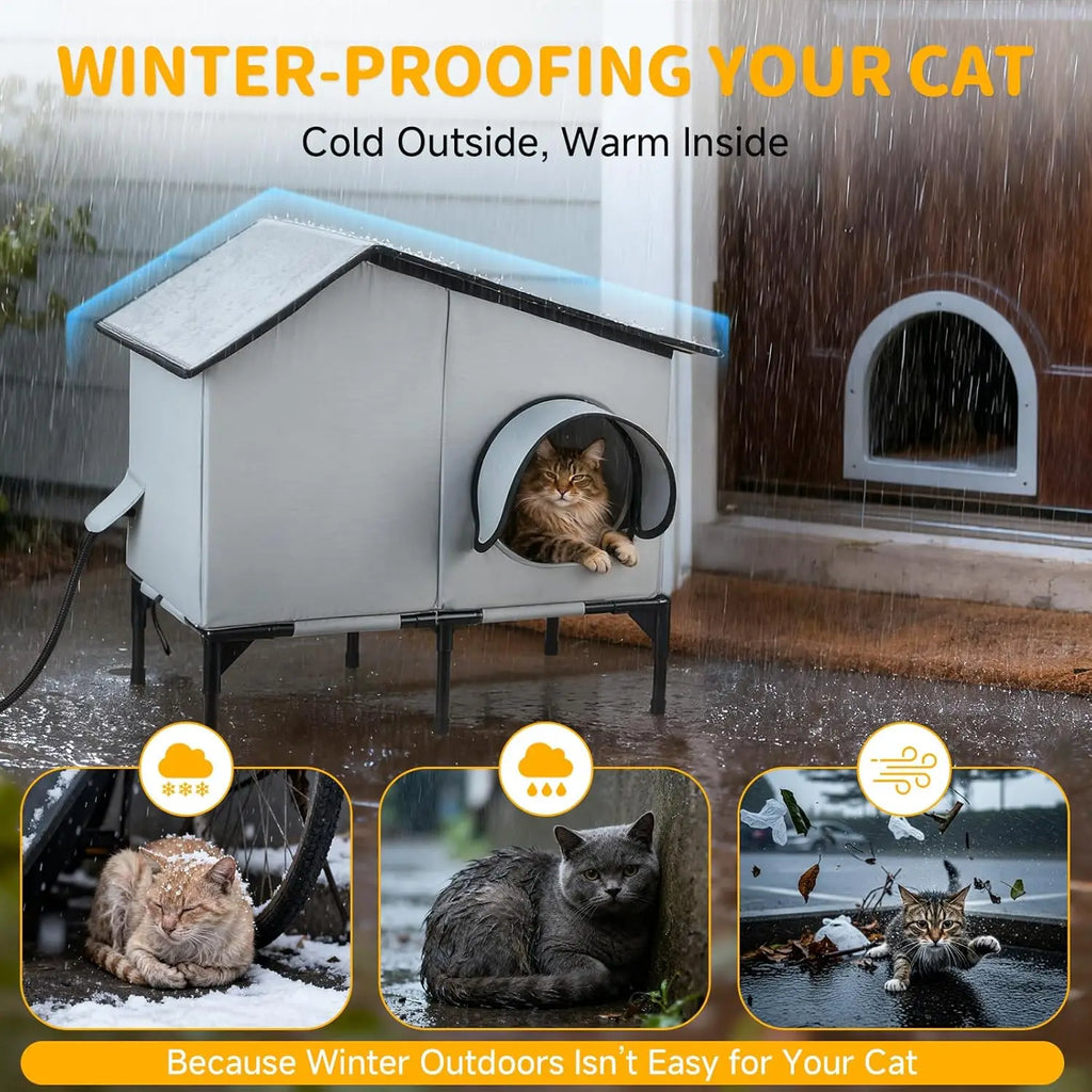 Heated Waterproof Cat House with Insulation for Outdoor Winter Shelter, Durable Warm Pet Shelter
