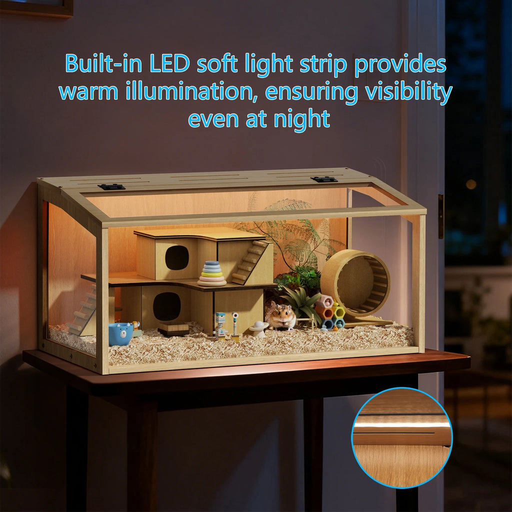 Wooden Hamster/Guinea Pig Cage with Open top Wooden Frame Tempered Glass Panels