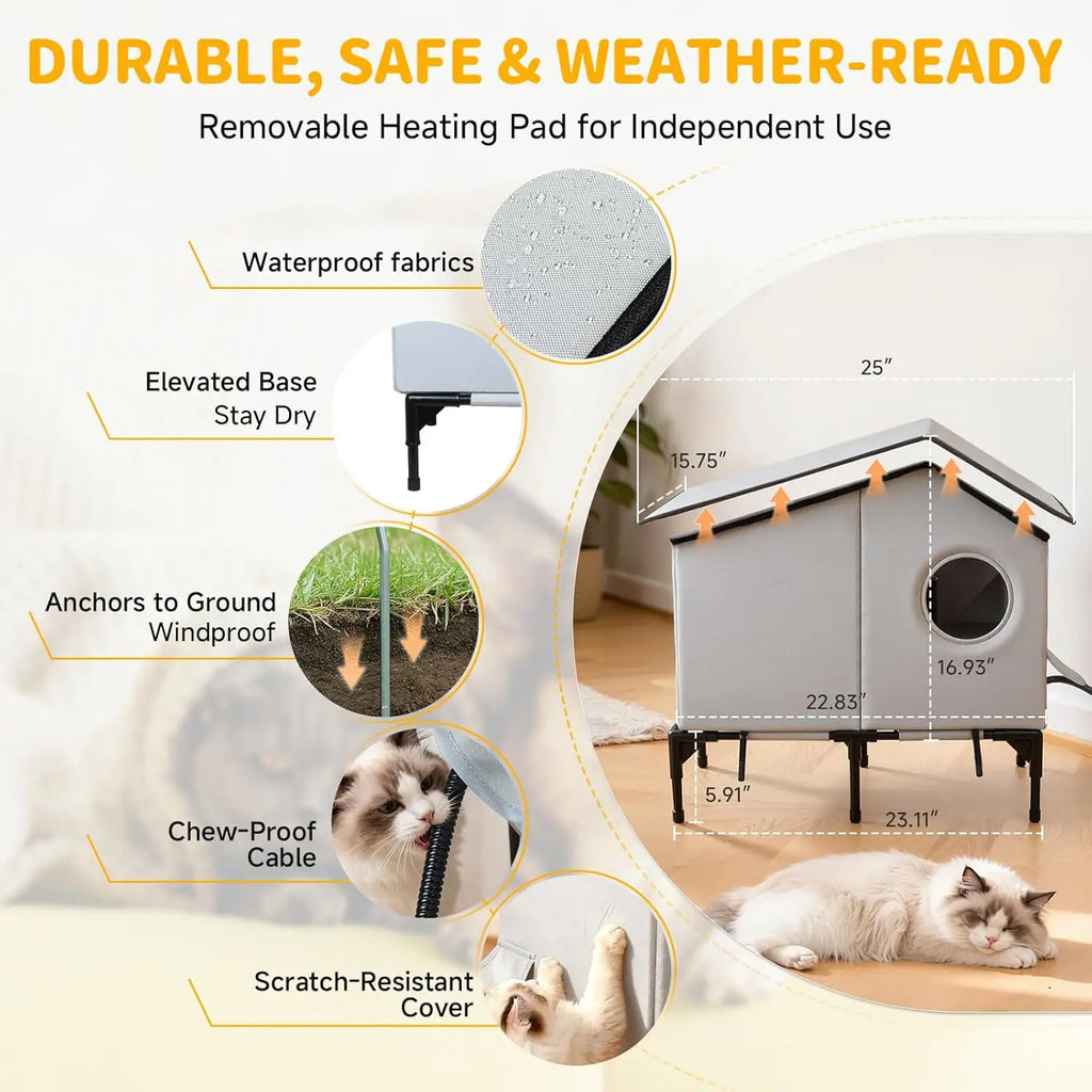Heated Waterproof Cat House with Insulation for Outdoor Winter Shelter, Durable Warm Pet Shelter