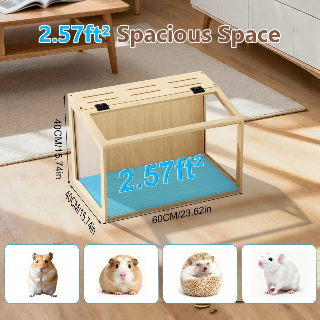 Hamster/Guinea Pig Cage Chewproof Tempered Glass Panels Built-in LED Light