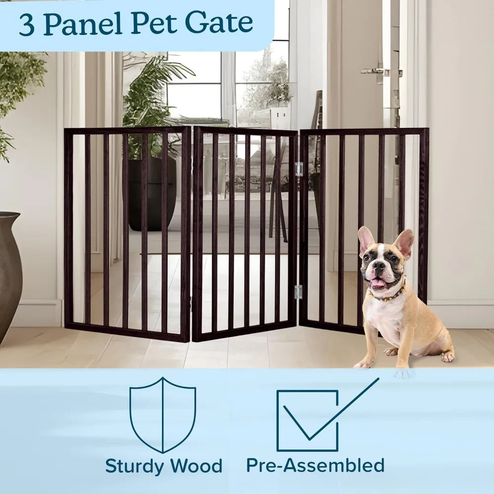3-Panel Foldable Indoor Dog Gate for Stairs, Hallways, Doorways - 54x24-Inch Pet Fence in Brown