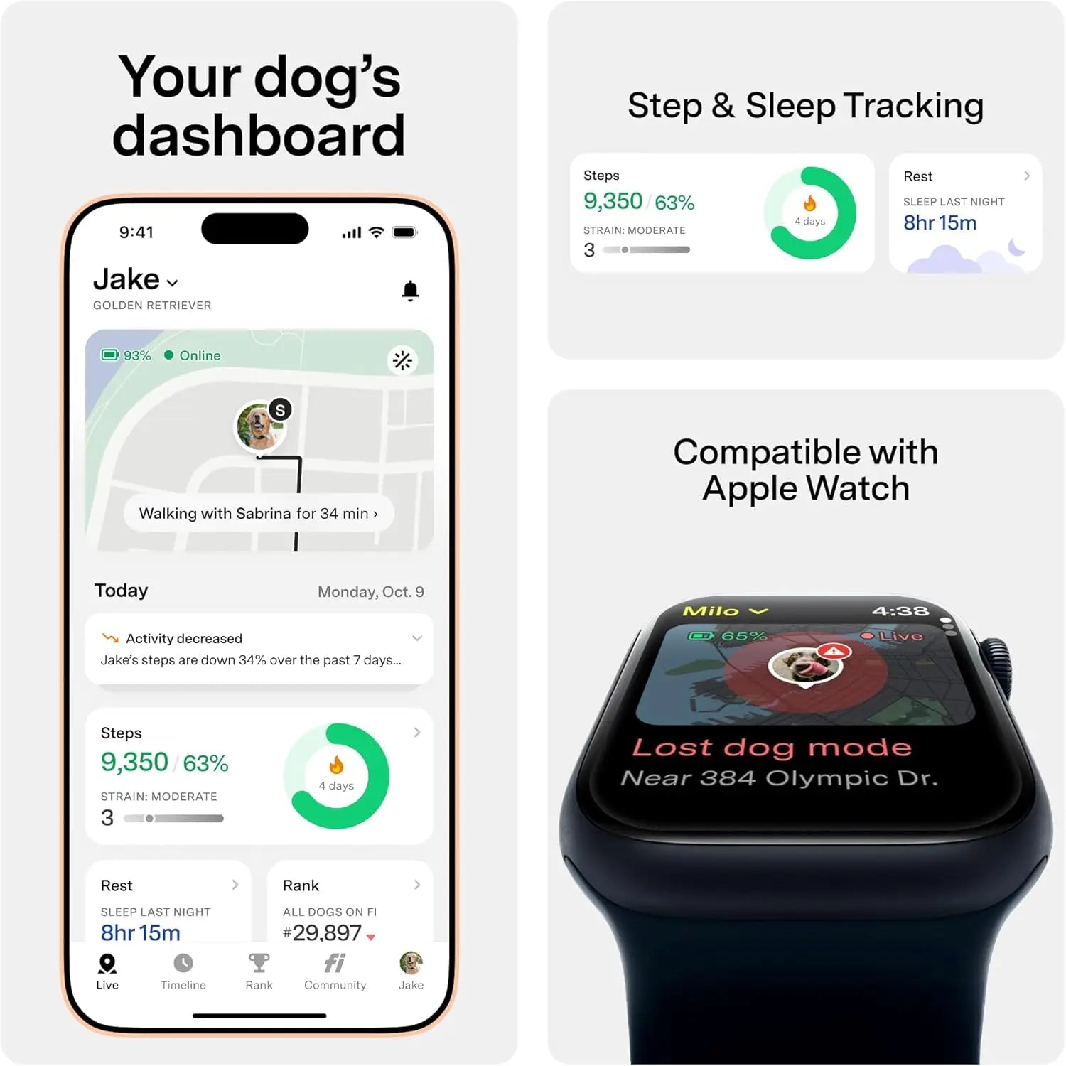 Smart GPS Dog Tracker Collar with Health Monitoring, Escape Alerts, Waterproof, LED, Apple Watch Compatible