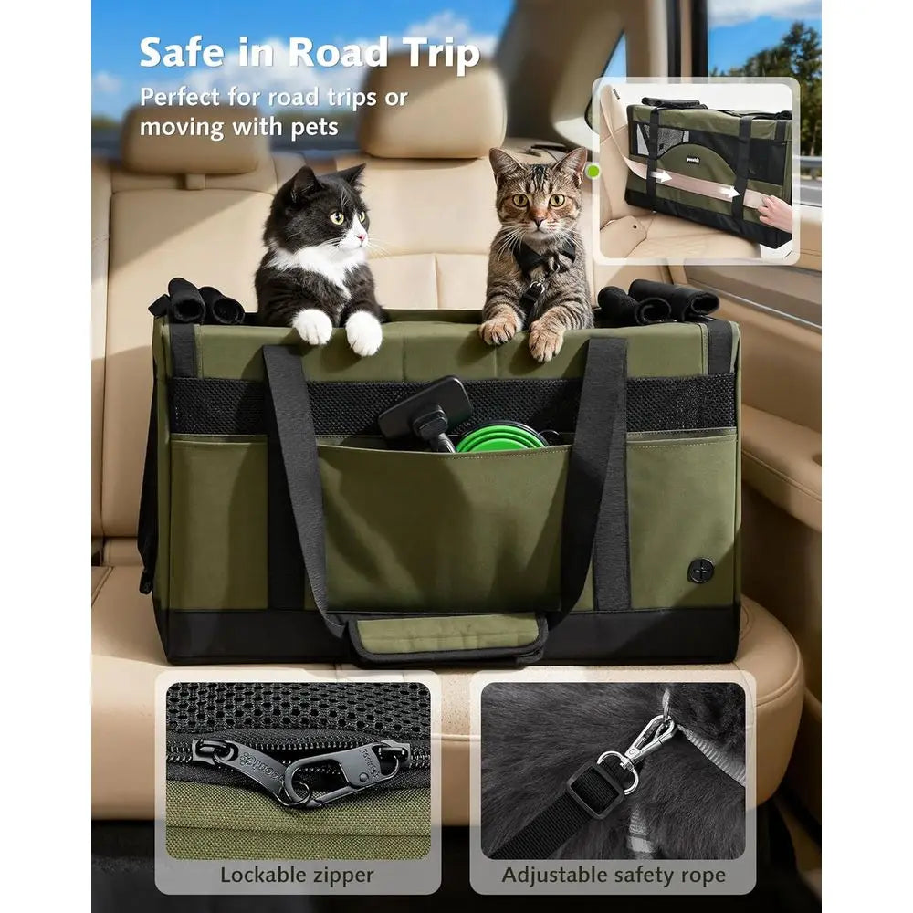 Large Cat Carrier, Built-in Steel Removable Divider With Breathable Mesh