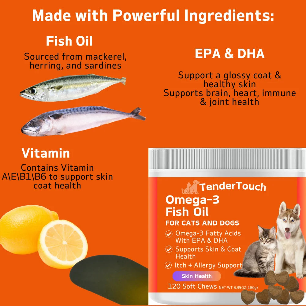 240 Chews - 2 Pack TenderTouch Omega 3 Fish Oil Supplement for Dogs & Cats