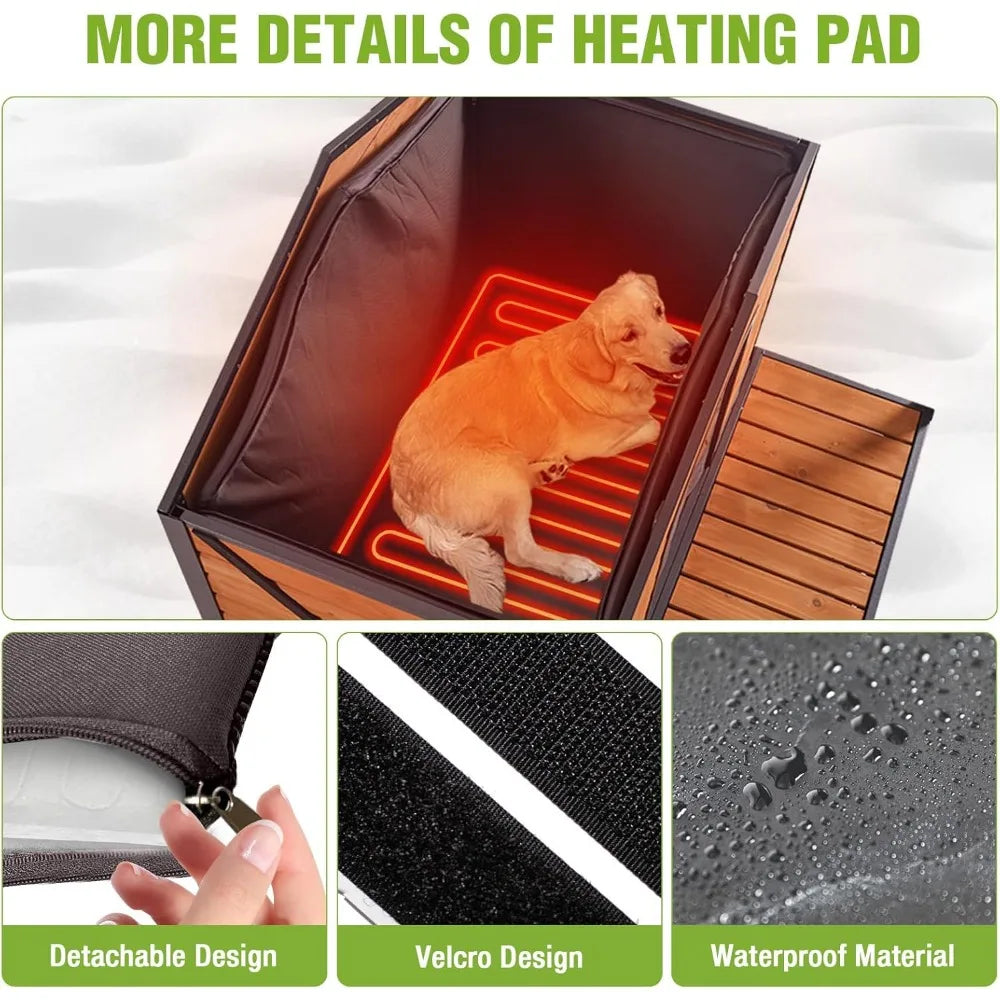 Heated Outdoor Dog House Insulated, Weatherproof Wooden Dog Kennel for Winter with Heating Pad and Insulation