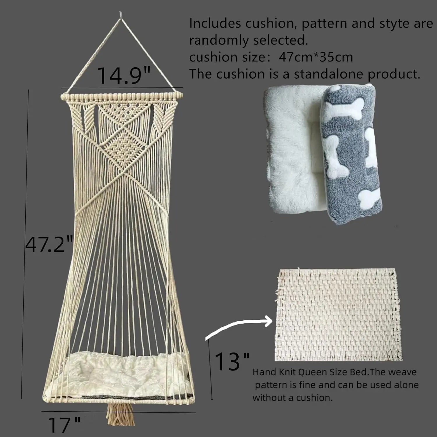 Macrame Hanging Cat Hammock Space Saving Window Perch with Washed Cotton