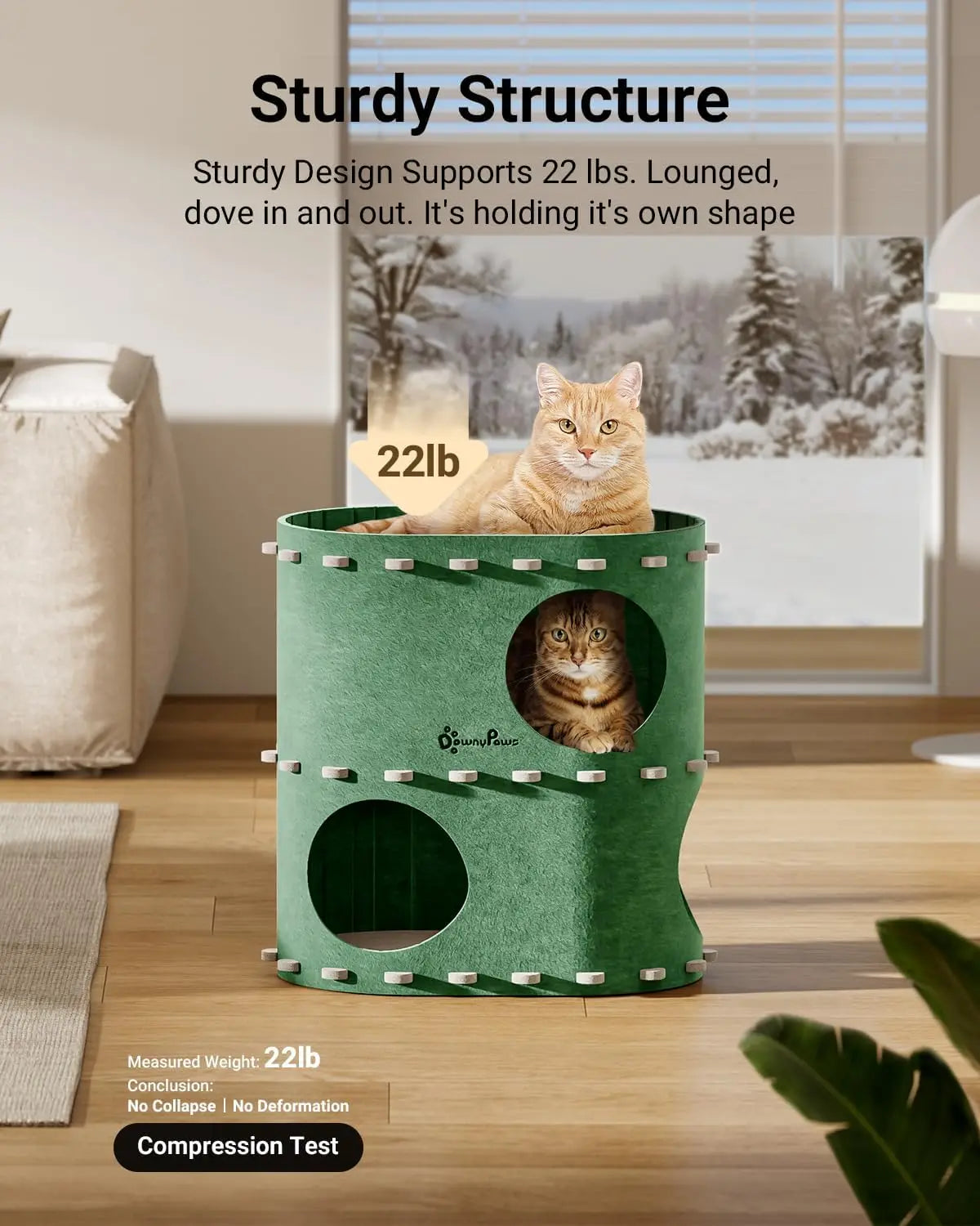 2-Story Foldable Cat Bed Cave, Felt Tunnel Hideaway for Indoor Cats, Scratch-Resistant Multi-Cat Condo