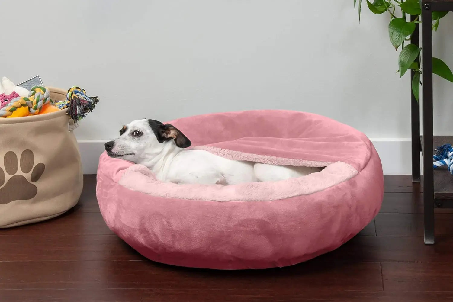 Cozy 24" Round Hooded Pet Bed for Small Dogs & Cats, Washable Plush Velvet in Rose Pink