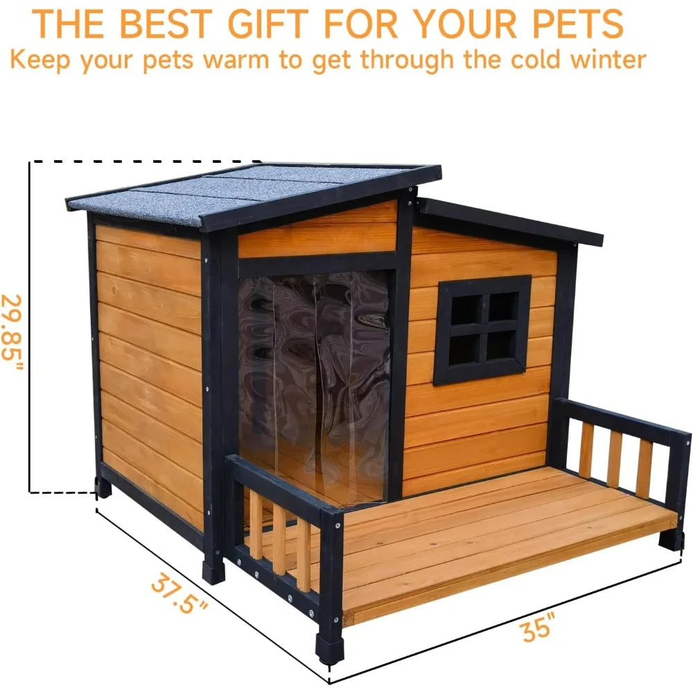 Indoor/Outdoor Dog House, Wood Insulated, Weatherproof Outside Shelter with Elevated Floor