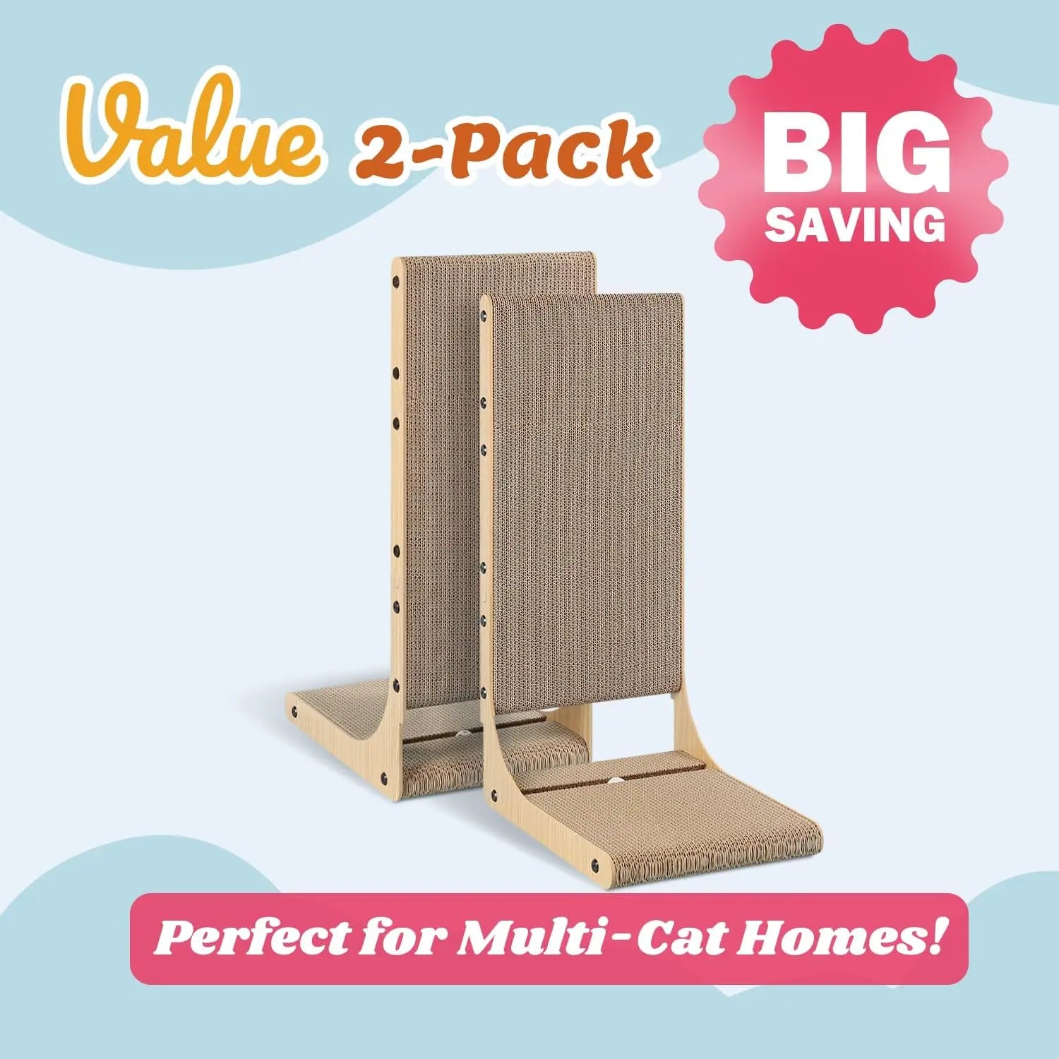 2-Pack L-Shaped Cat Scratching Board, 25.6'' Tall Vertical Scratcher for Indoor Cats, Wall and Couch Protector