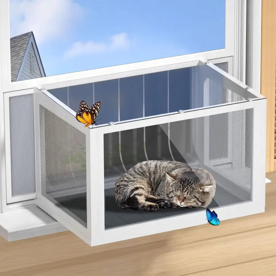 Window Box Cat, Outdoor/Indoor Cat Enclosure with Clear Panels, Mesh Sides