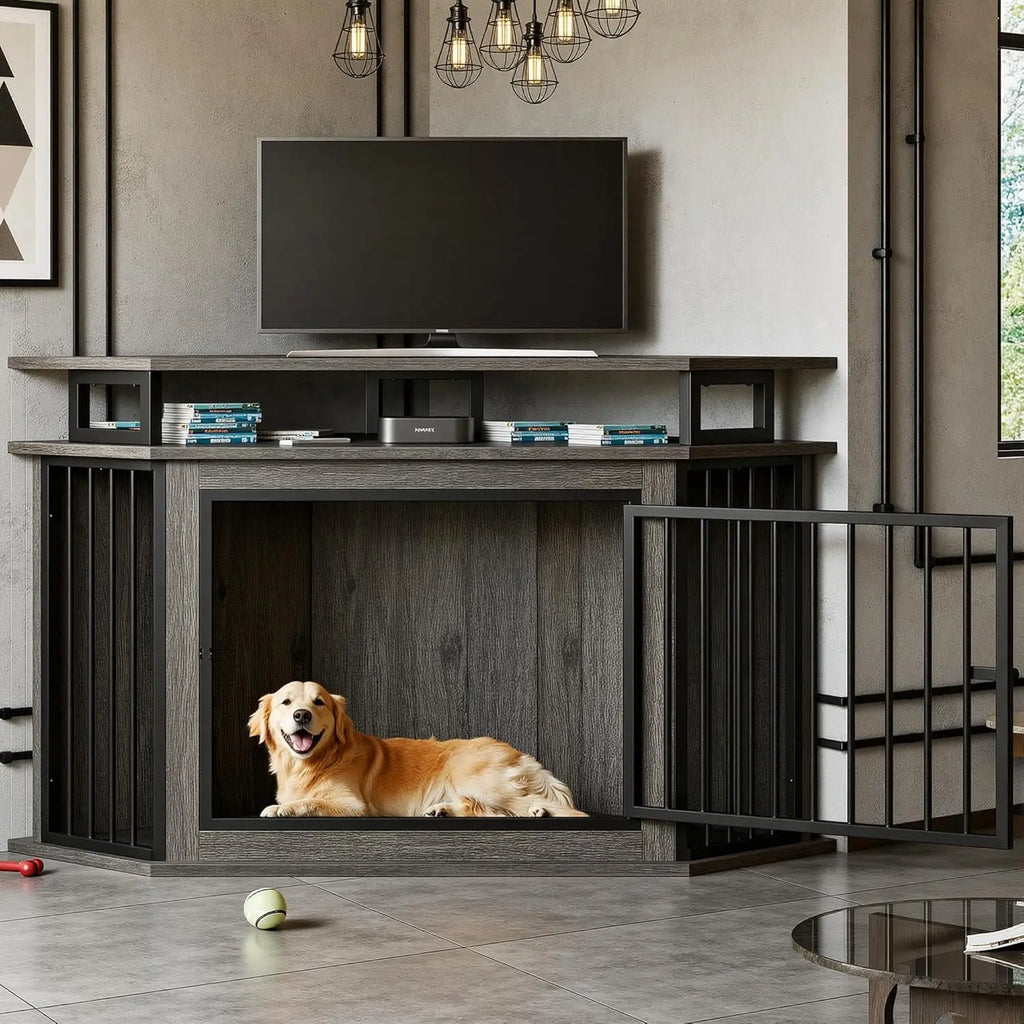 51" Corner Wooden Dog Crate with 2-Tier Shelves Space-Saving Indoor Cage