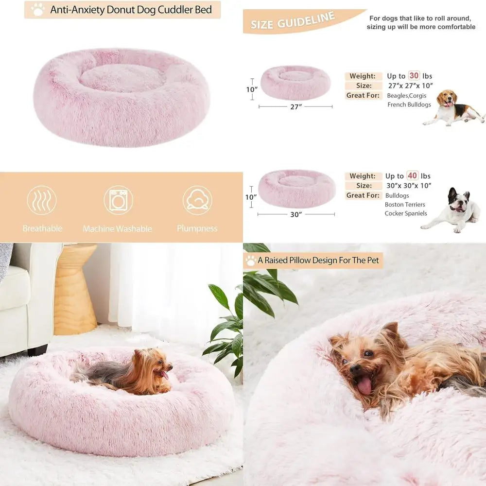 Calming Dog Bed & Cat Bed Donut, Self-Warming Donut Cuddler, Round Plush Pet Beds