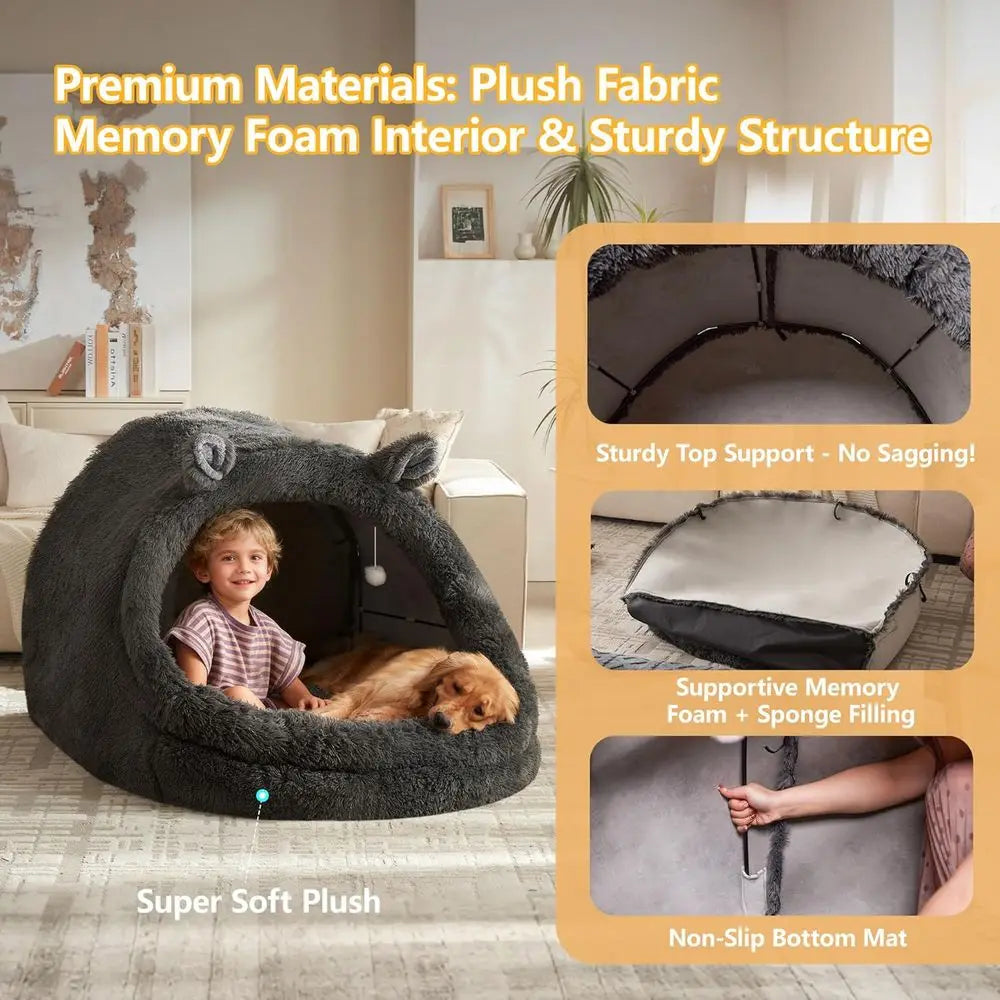 Extra Large Gray Fluffy Pet Bed with Canopy for Dogs, Cats & Humans, Removable Pillow & Blanket, Machine Washable