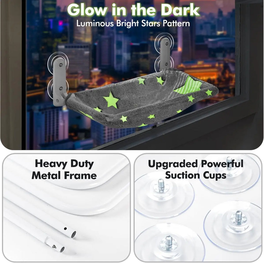 Cat Window Perch, Glow in The Dark Cord Hammock Bed for Window with Sturdy Metal Frame, Glowing Stars
