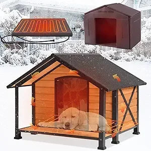 Heated Outdoor Dog House Insulated, Weatherproof Wooden Dog Kennel for Winter with Heating Pad and Insulation