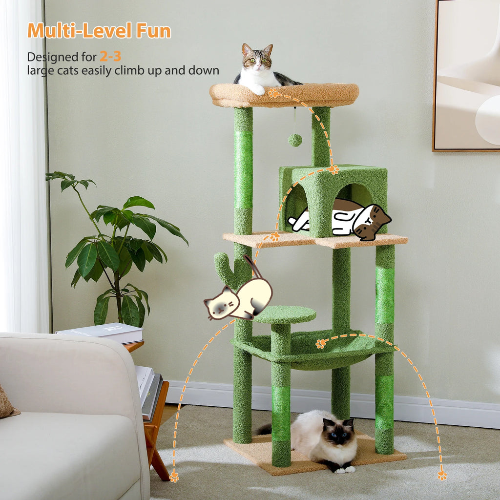 Cactus Cat Tree Tower for Large Cats with Metal Plush Big Hammock Condo House with Large Top Perch