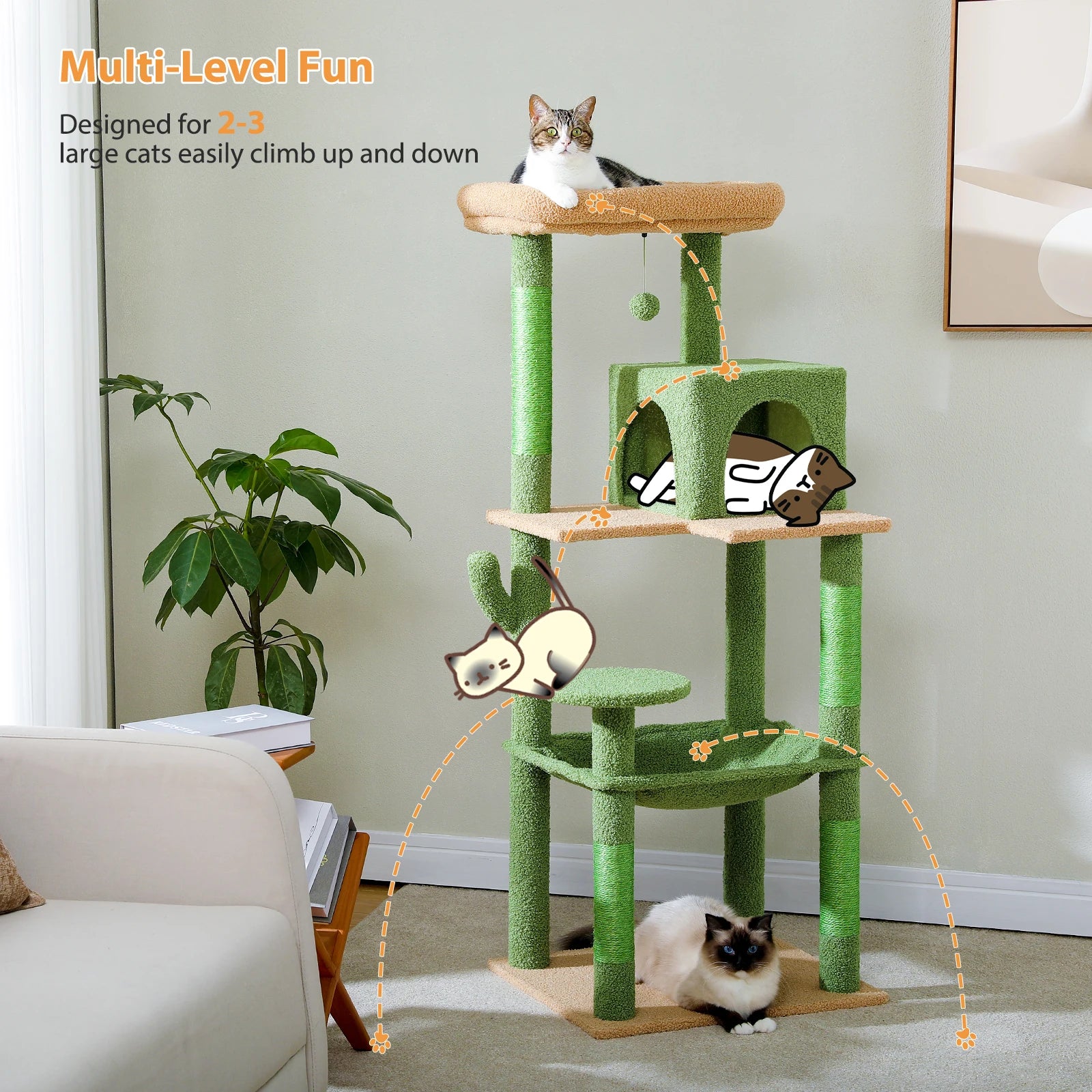 Cactus Cat Tree Tower for Large Cats with Metal Plush Big Hammock Condo House with Large Top Perch