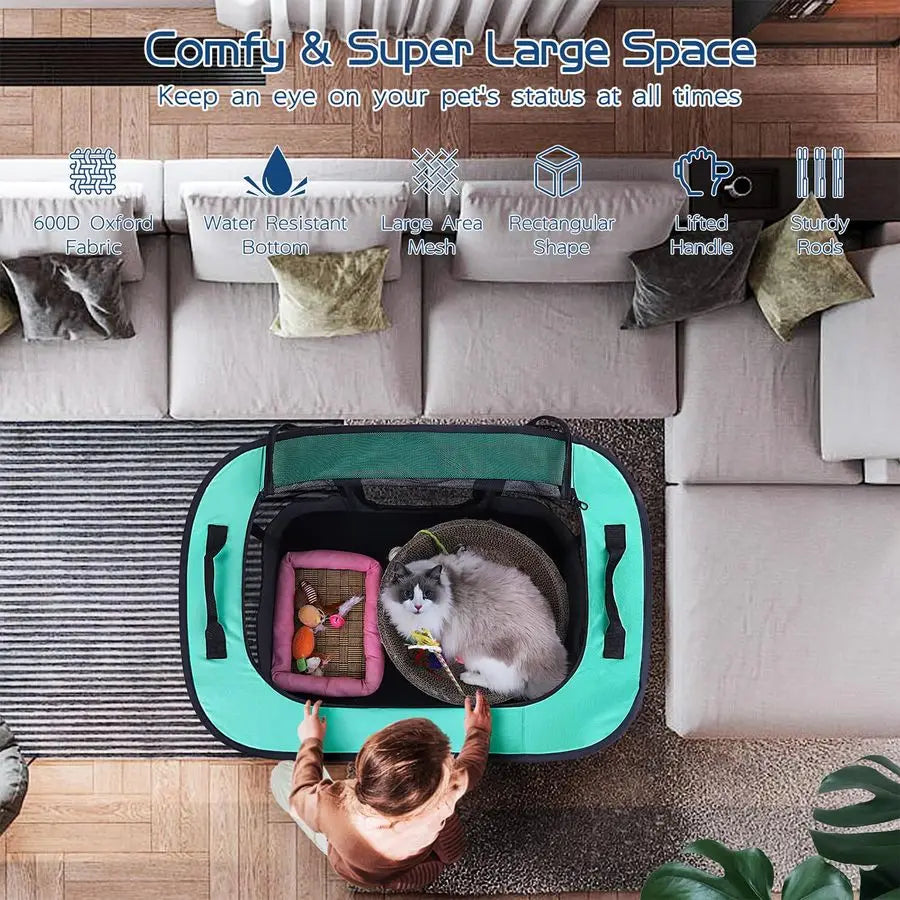 Dog Playpen, Foldable Dog/Cat Playpen Exercise Kennel Tent Breathable Shade Cover