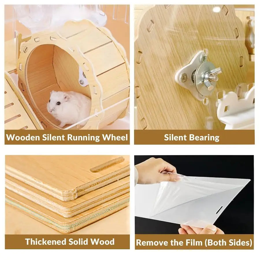 8 in 1 Acrylic Hamster Cage, 2Tier Cage with Wooden Wheel &Hideout